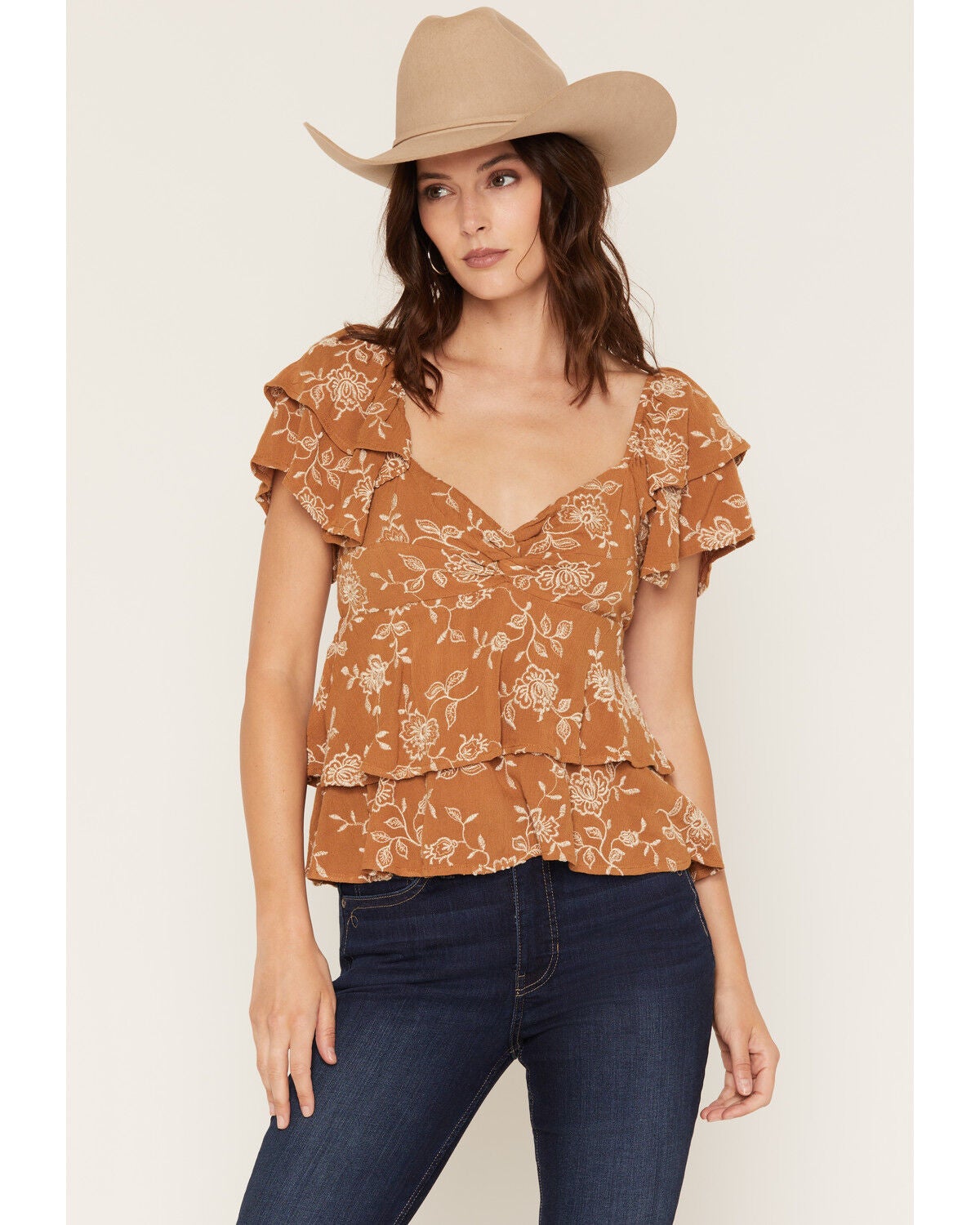 Image #1 - Originality Women's Boot Barn Exclusive Floral Embroidered Tiered Tie Back Top, Mustard, hi-res