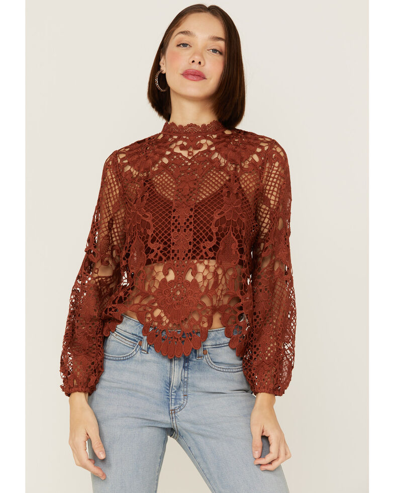 Flying Tomato Women's Sheer High Neck Crochet Long Sleeve Top, Rust Copper, hi-res