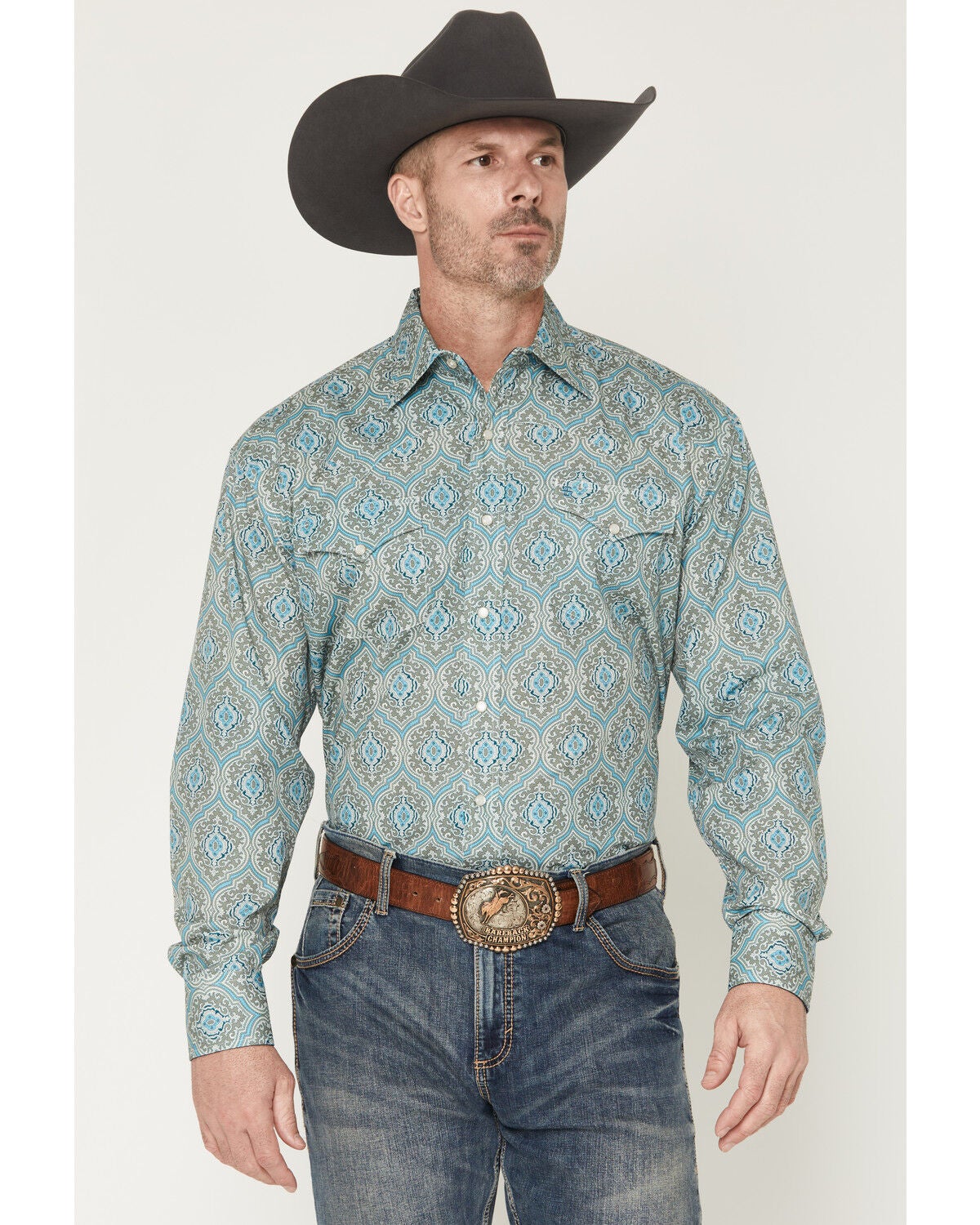 Stetson Men's Medallion Print Long Sleeve Snap Western Shirt, Blue, hi-res