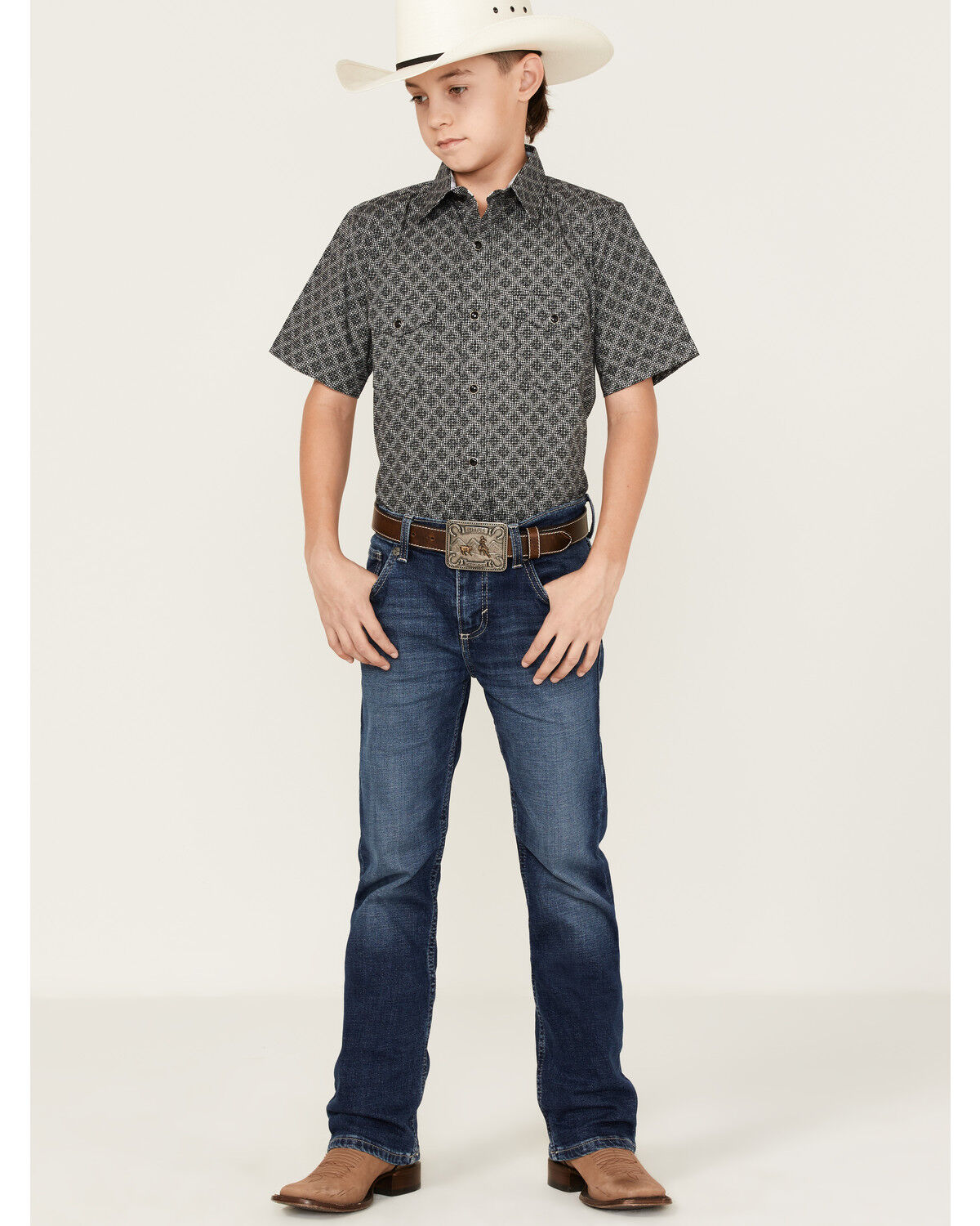 Image #2 - Panhandle Boys' Geo Print Short Sleeve Western Snap Shirt, Silver, hi-res