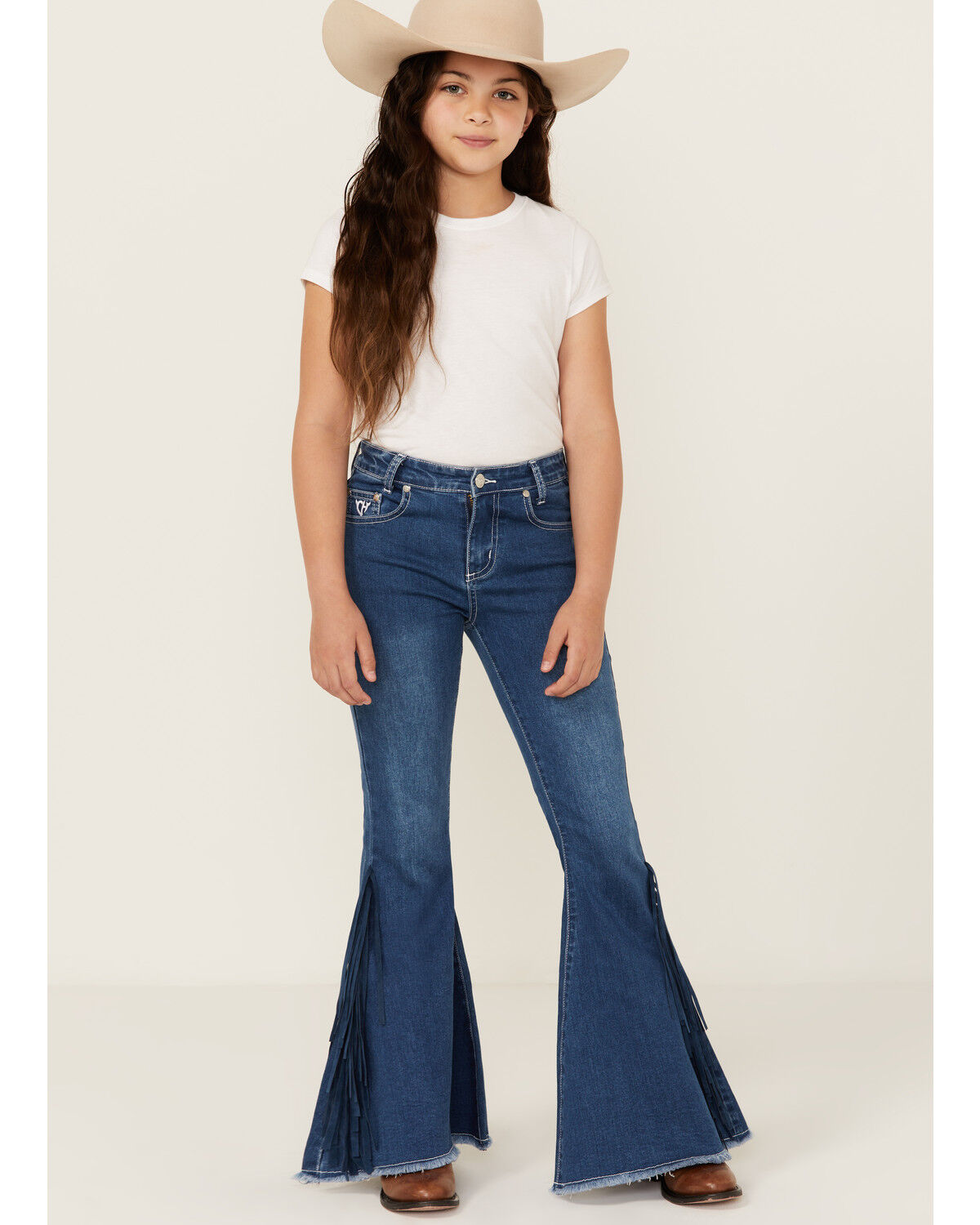 Image #1 - Cowgirl Hardware Girls' Fringe Bell Bottom Stretch Denim Jeans, , hi-res