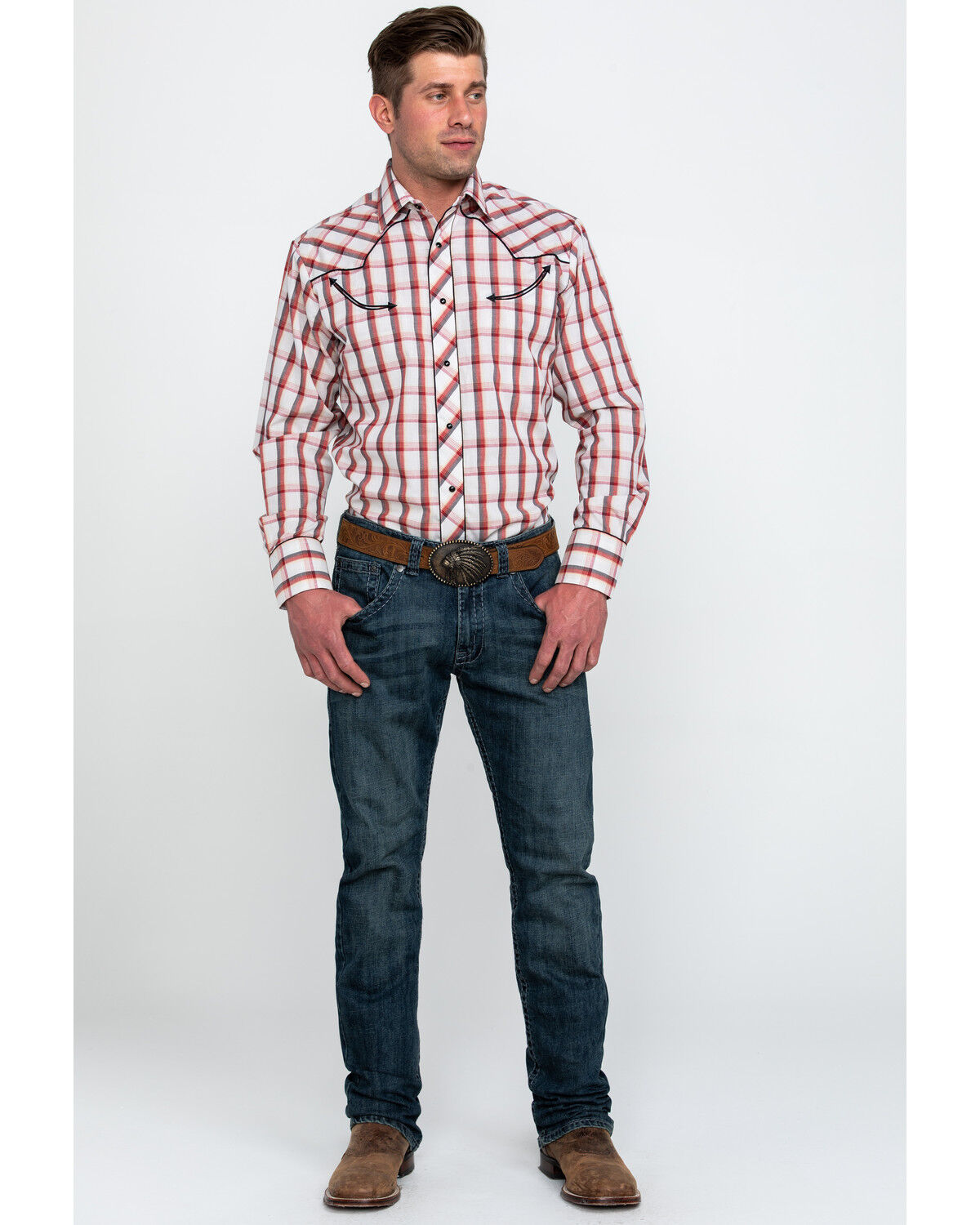 Image #6 - Roper Men's Large Fancy Plaid Long Sleeve Western Shirt, Red, hi-res