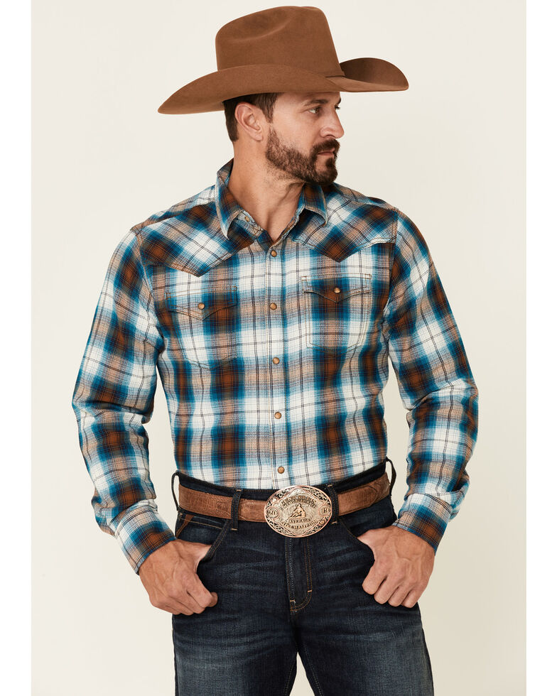 Wrangler Retro Premium Men's Brown Plaid Long Sleeve Snap Western Shirt , Brown, hi-res