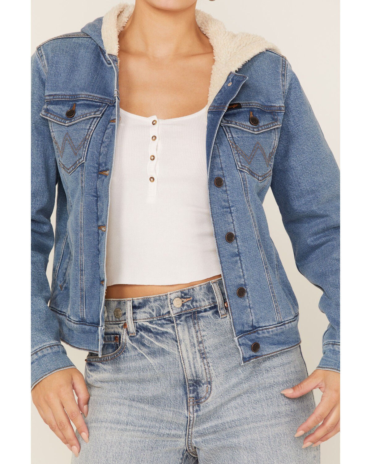 Image #3 - Wrangler Women's Medium Wash Sherpa Lined Denim Jacket, , hi-res