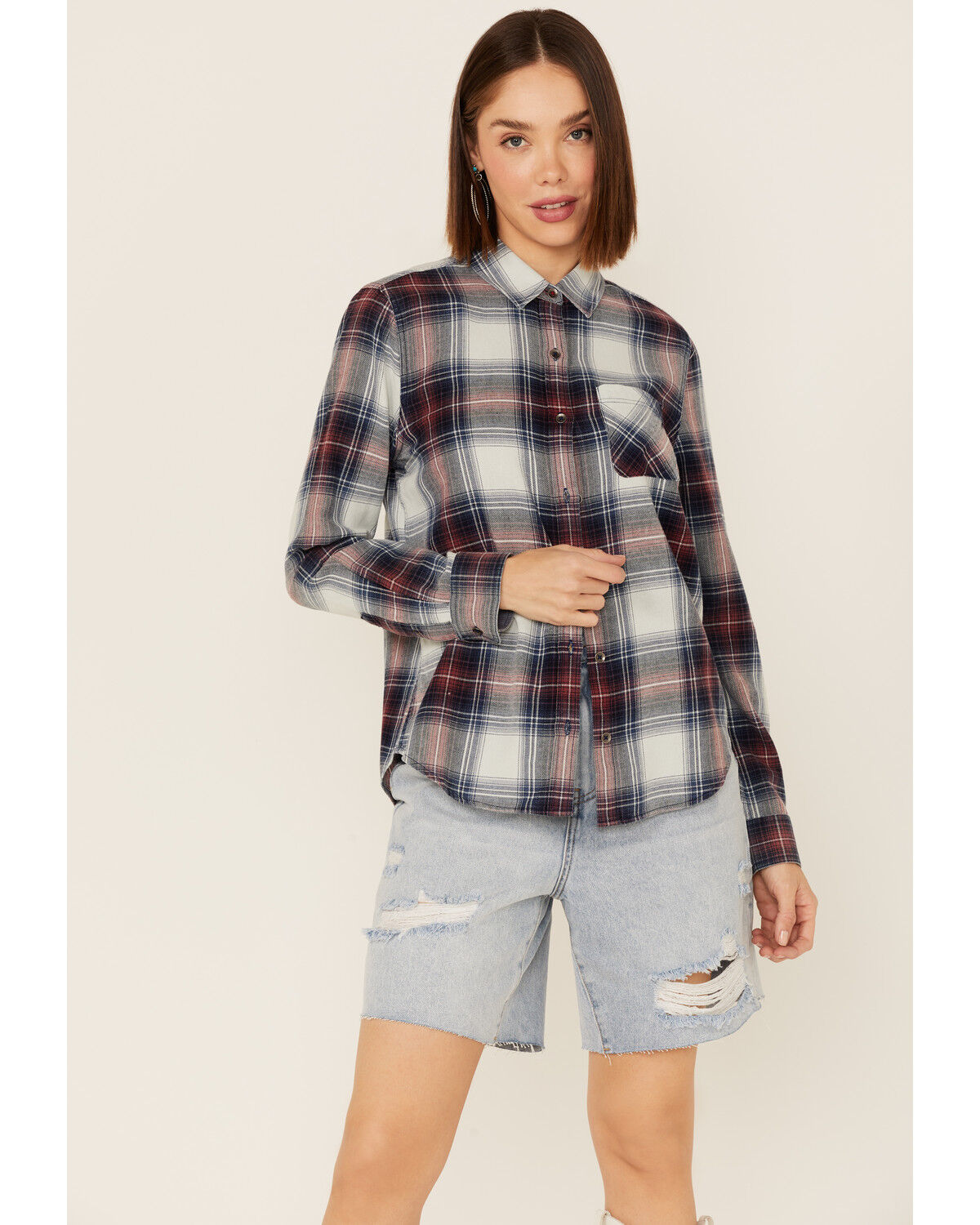 Image #1 - Flag & Anthem Women's Long Sleeve Pocket Button Shirt, Blue/white, hi-res