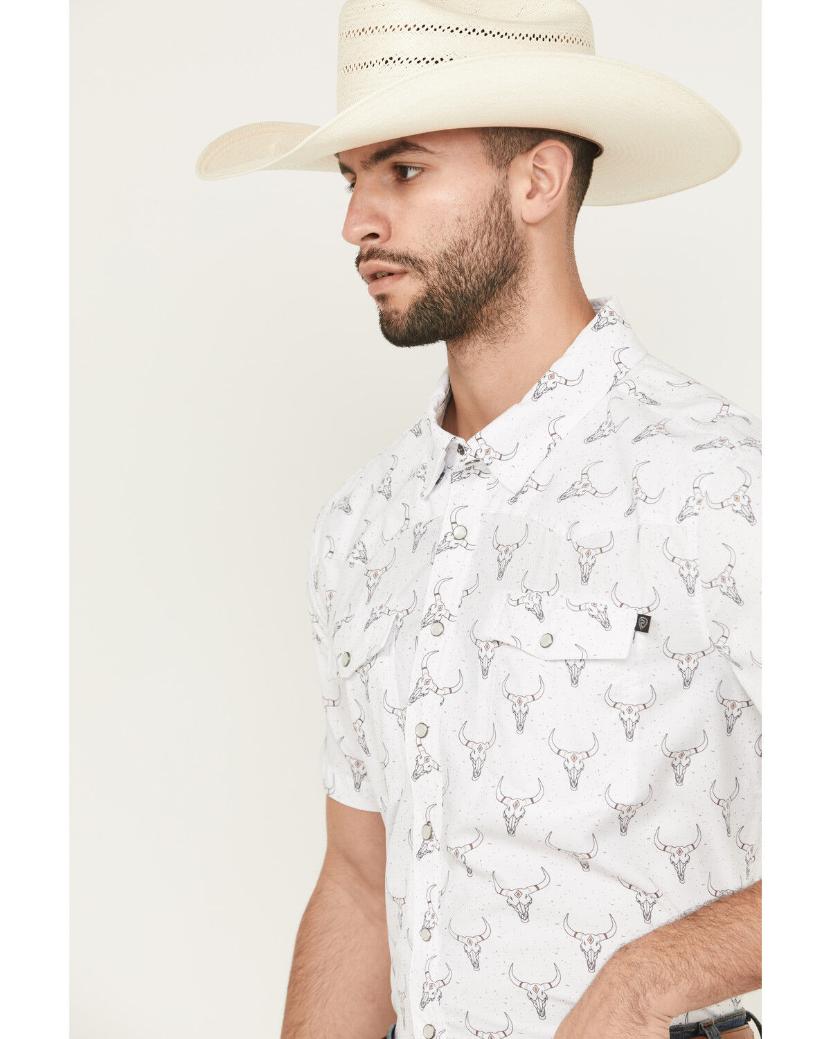 Image #2 - Rock & Roll Denim Men's TEK Longhorn Print Short Sleeve Pearl Snap Western Shirt, White, hi-res