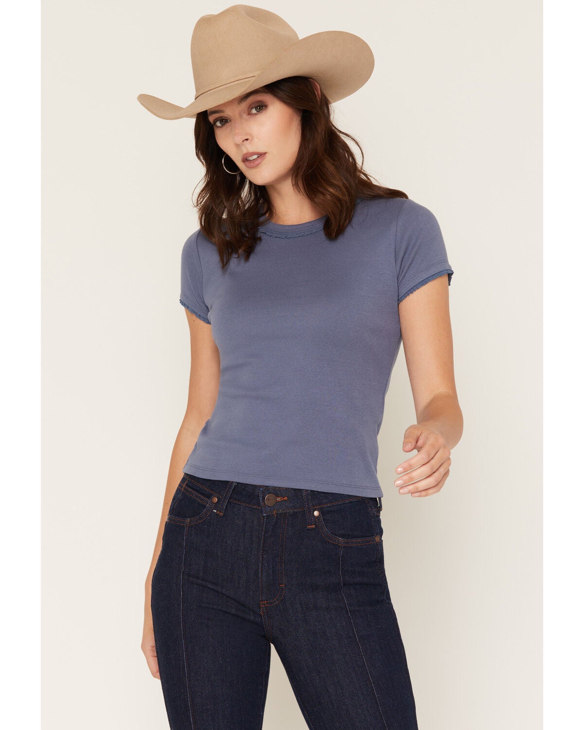 Cleo + Wolf Women's Ruffle Trim Short Sleeve Baby Tee, Blue, hi-res