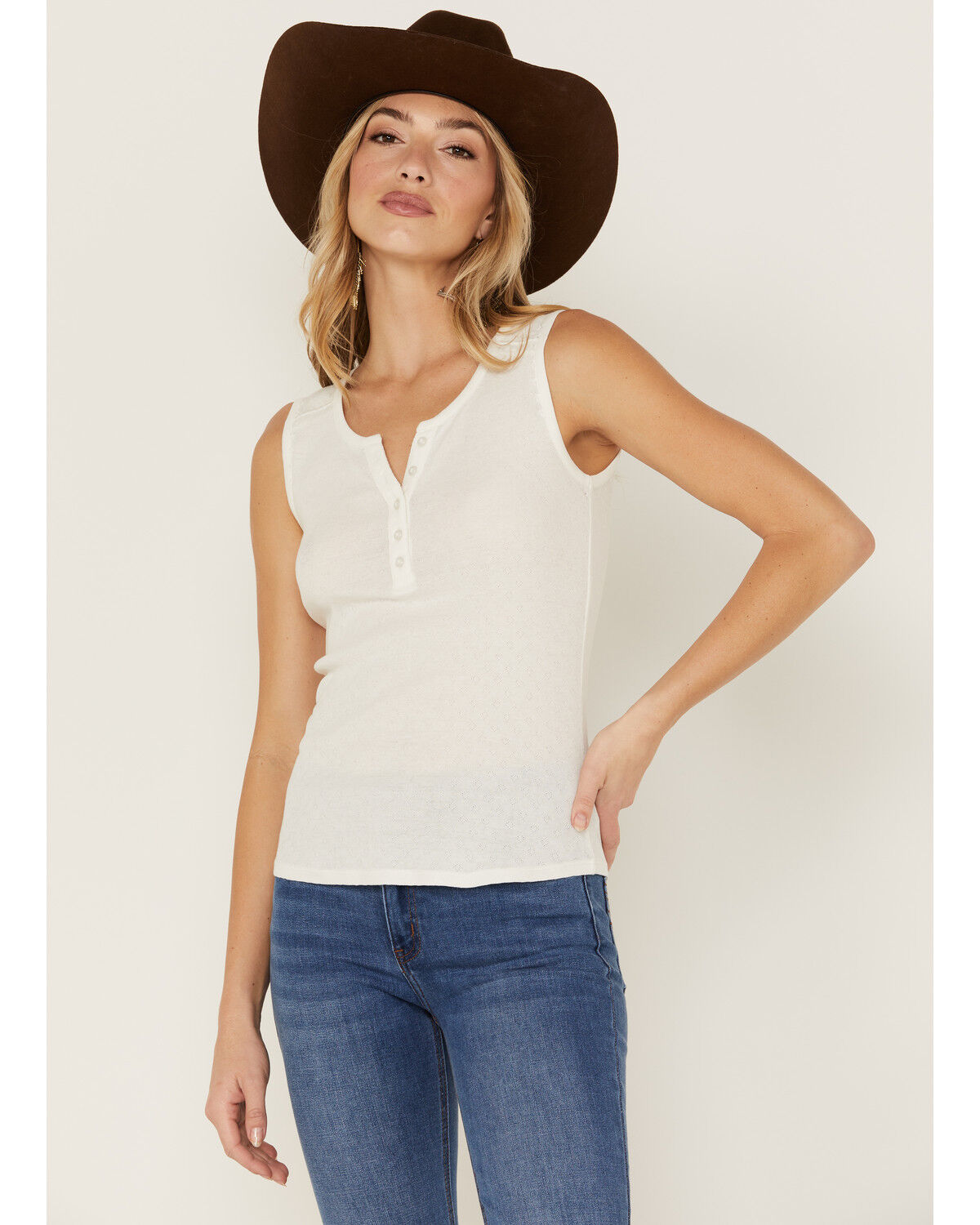 Image #1 - Idyllwind Women's Hillside Road Henley Tank, Ivory, hi-res