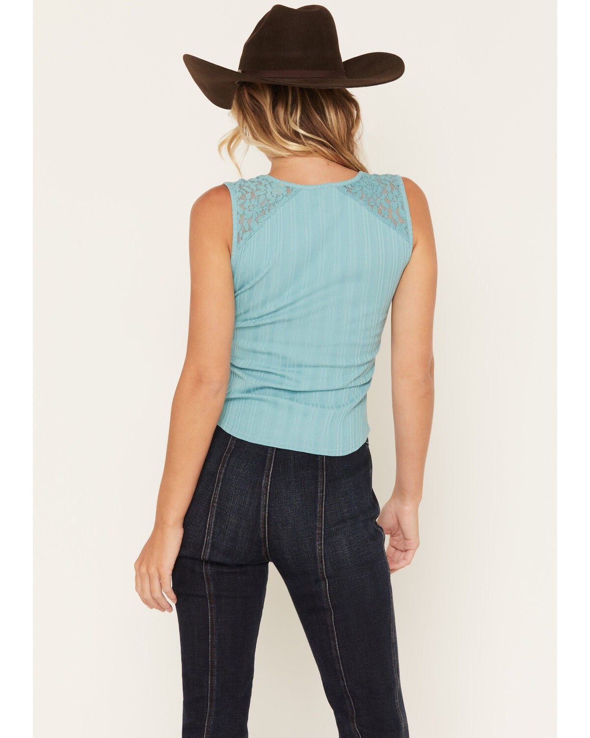 Image #4 - Shyanne Women's Rebecca Short Sleeve Knit Lace Tank, Ocean Blue, hi-res