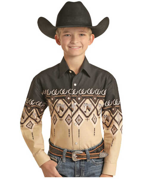 Panhandle Boys' Steers Scenic Border Print Long Sleeve Pearl Snap Western Shirt, Taupe, hi-res