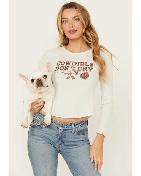 La La Land Women's Cowgirls Don't Cry Long Sleeve Thermal Graphic Tee, Ivory, hi-res