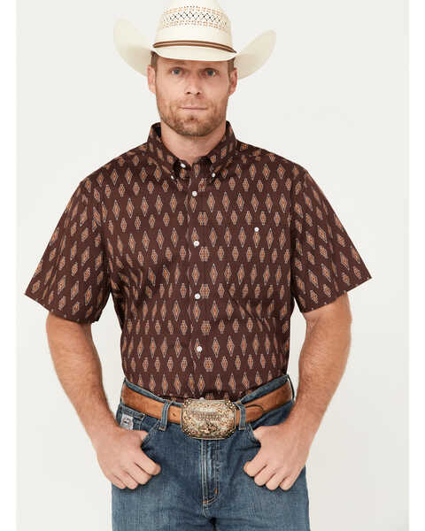 RANK 45 Men's Cash Geo Print Short Sleeve Button-Down Stretch Western Shirt, Brown, hi-res