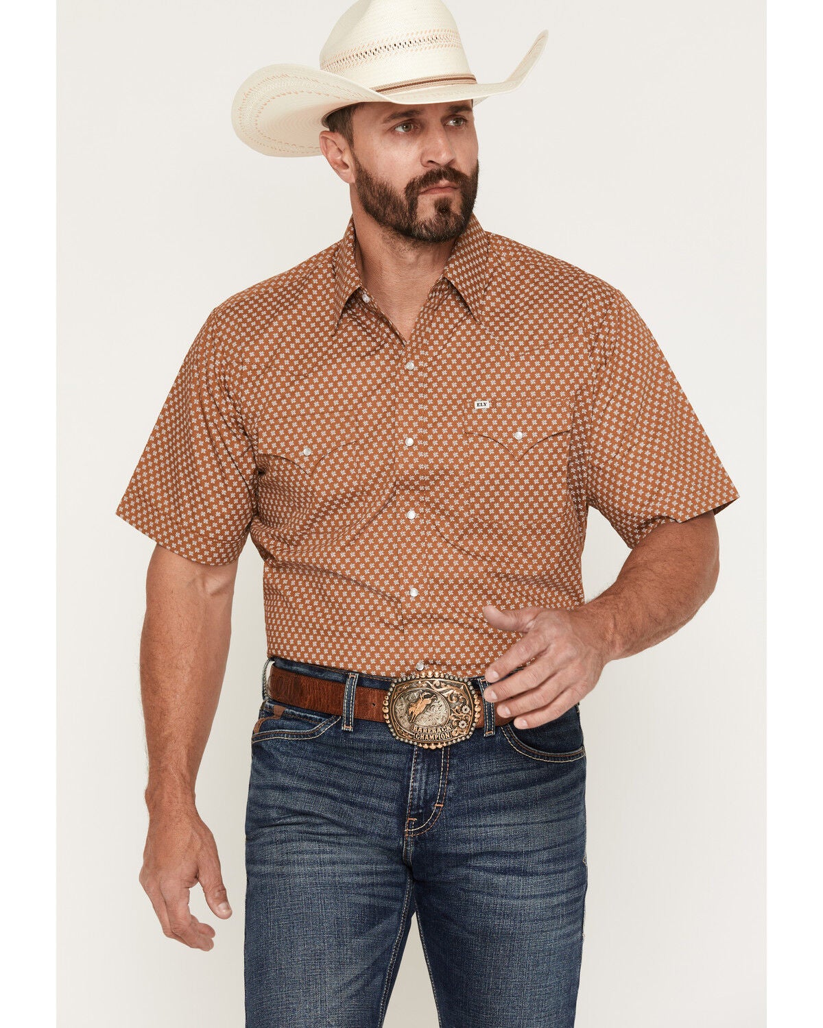 Ely Walker Men's Geo Print Short Sleeve Pearl Snap Western Shirt - Big, Tan, hi-res