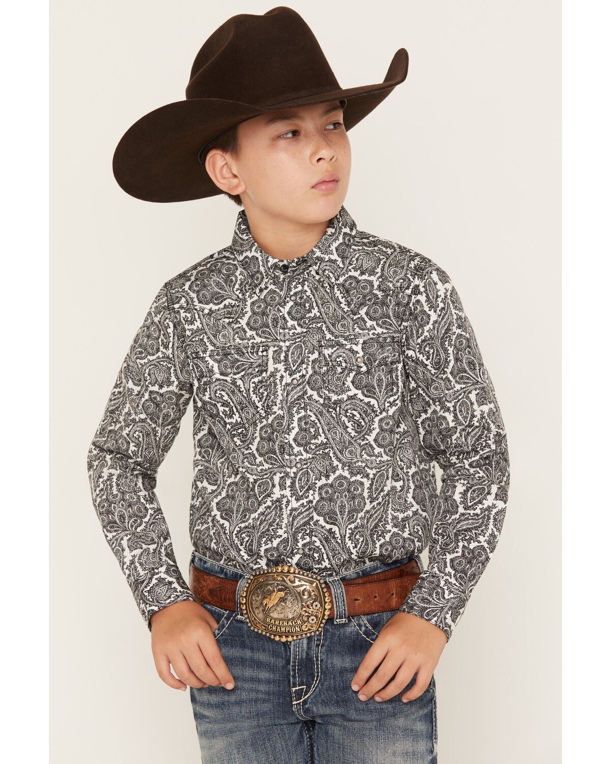 Image #1 - Cody James Boys' Botanical Paisley Print Long Sleeve Snap Western Shirt, Black, hi-res