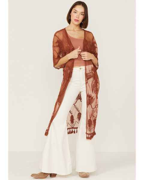 Shyanne Women's Rust Lace Tassel Kimono, Rust Copper, hi-res