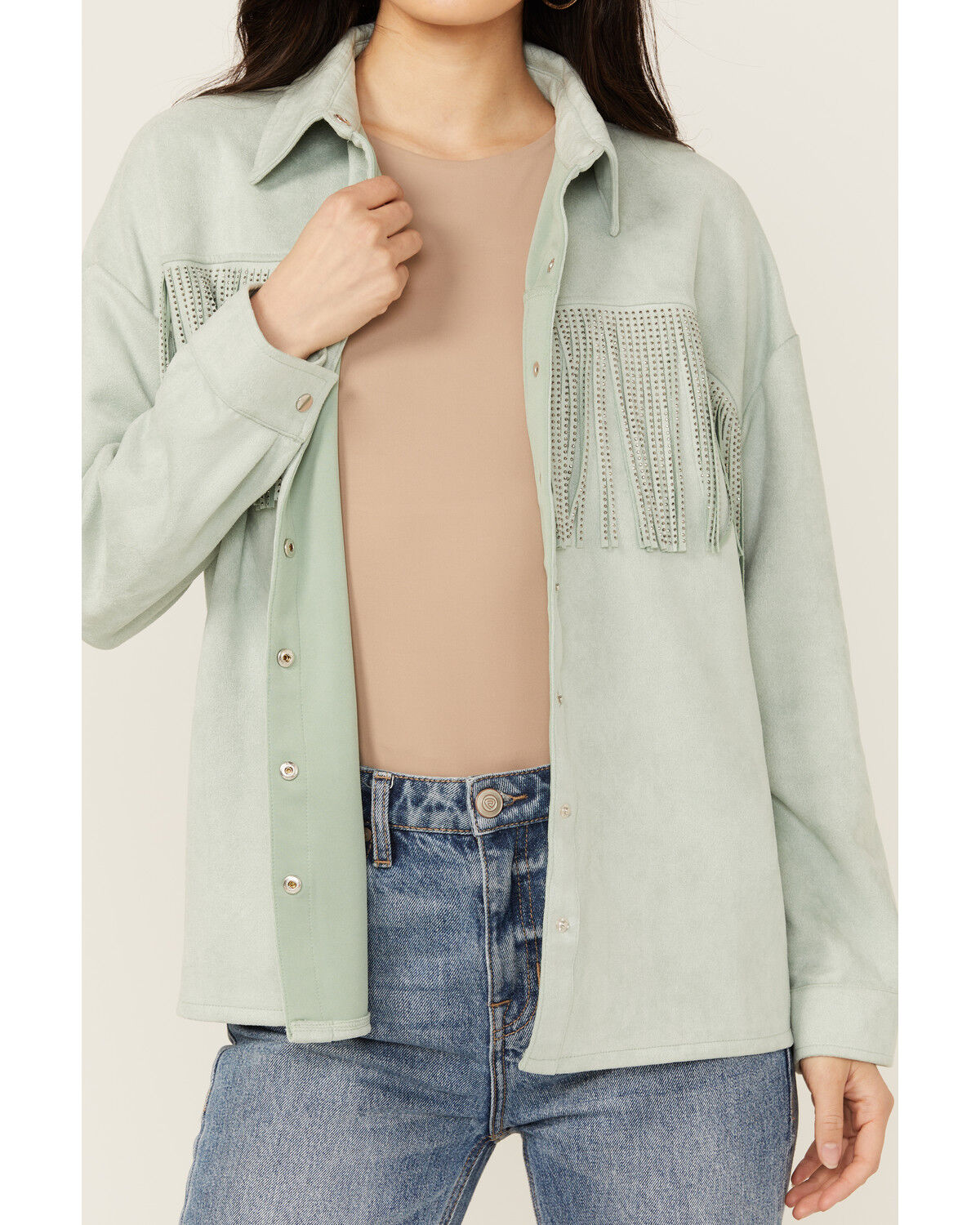 Image #3 - Rock & Roll Denim Women's Faux Suede Front Fringe Shacket, Mint, hi-res