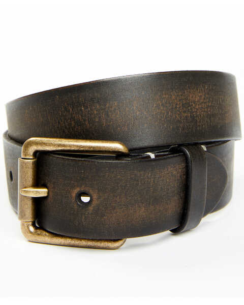 Brother and Sons Men's Distressed Leather & Brass Buckle Belt, Black, hi-res