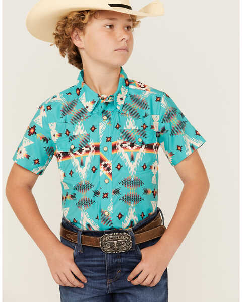 Rock & Roll Denim Boys' Tek Southwestern Print Short Sleeve Snap Western Shirt , Blue, hi-res