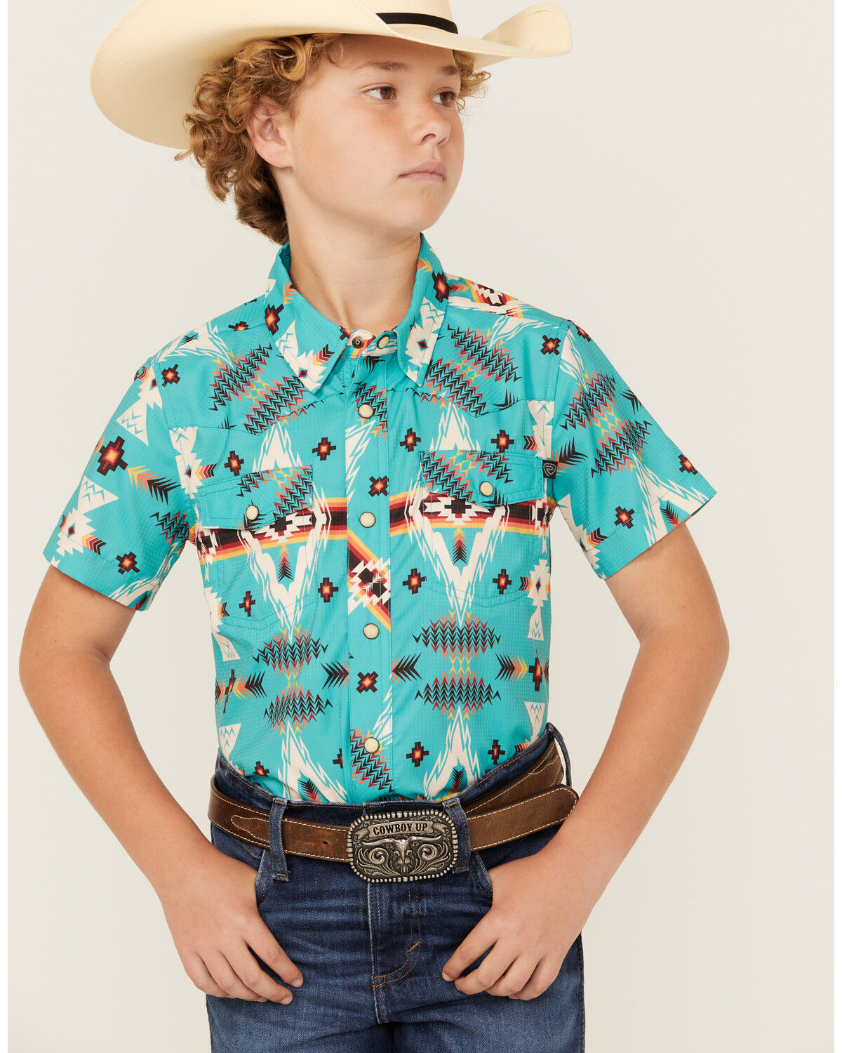 Image #1 - Rock & Roll Denim Boys' Tek Southwestern Print Short Sleeve Snap Western Shirt, Blue, hi-res