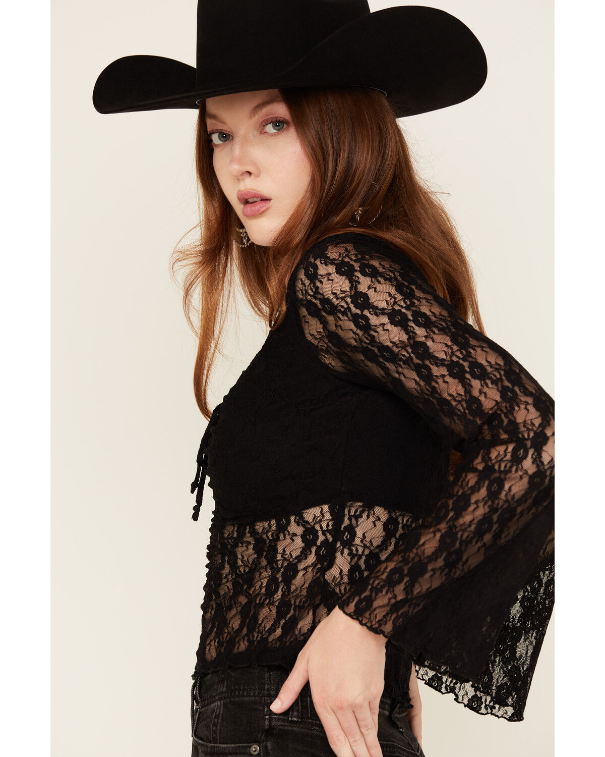 Image #2 - Ash & Violet Women's Lace Bell Long Sleeve Top, Black, hi-res