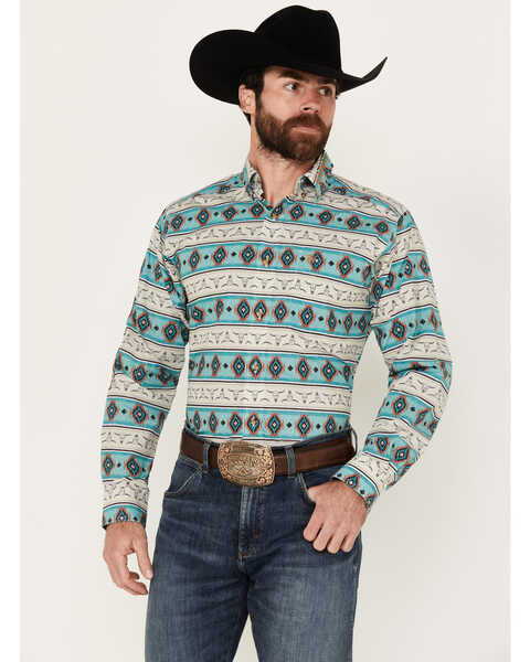 Image #1 - Ariat Men's Team Cruz Southwestern Print Long Sleeve Button-Down Western Shirt, Turquoise, hi-res