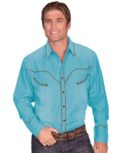 Image #1 - Scully Men's Solid Whipstitch Denim Retro Long Sleeve Western Shirt, Turquoise, hi-res
