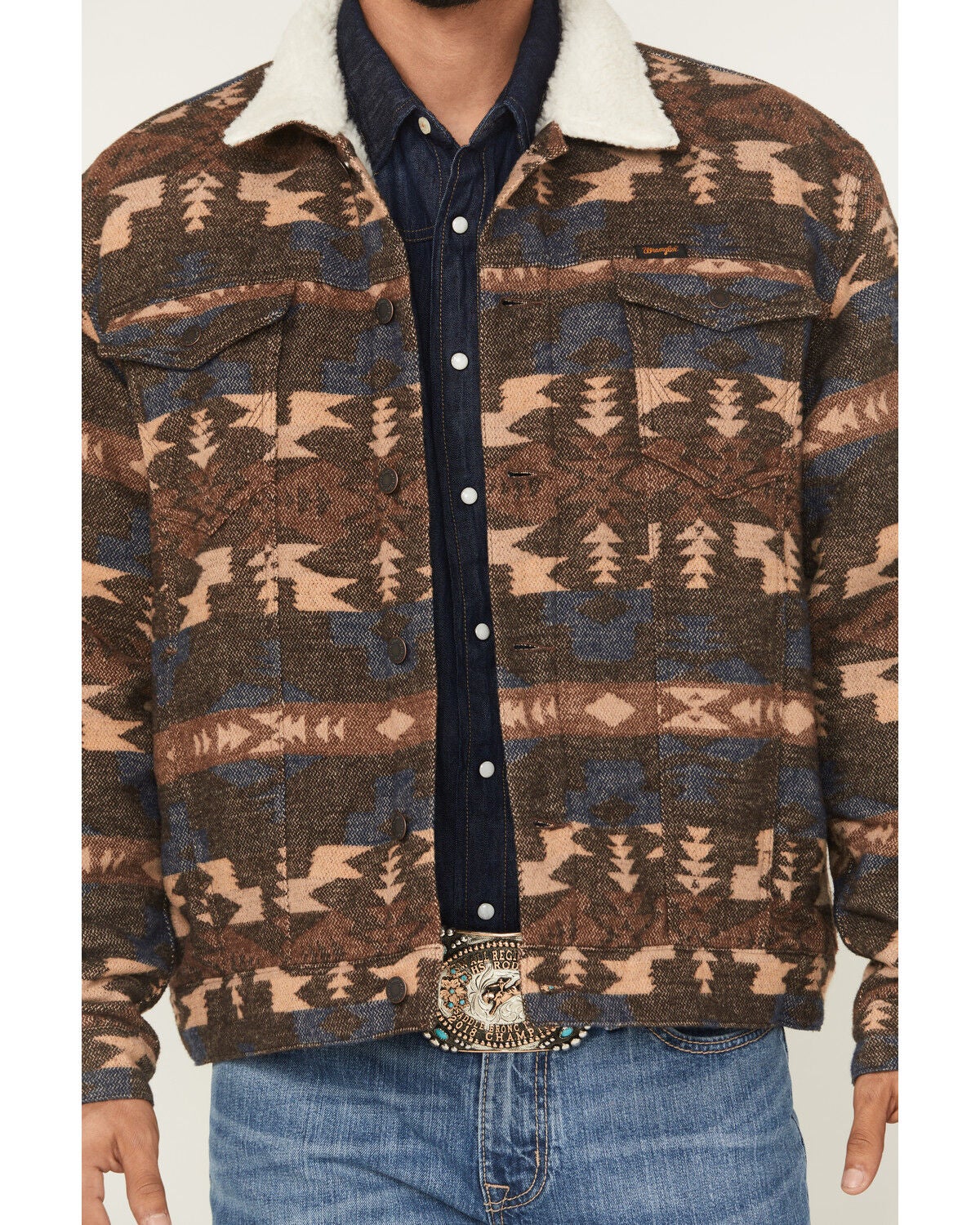 Image #3 - Wrangler Men's Southwestern Print Sherpa Lined Trucker Jacket, Brown, hi-res