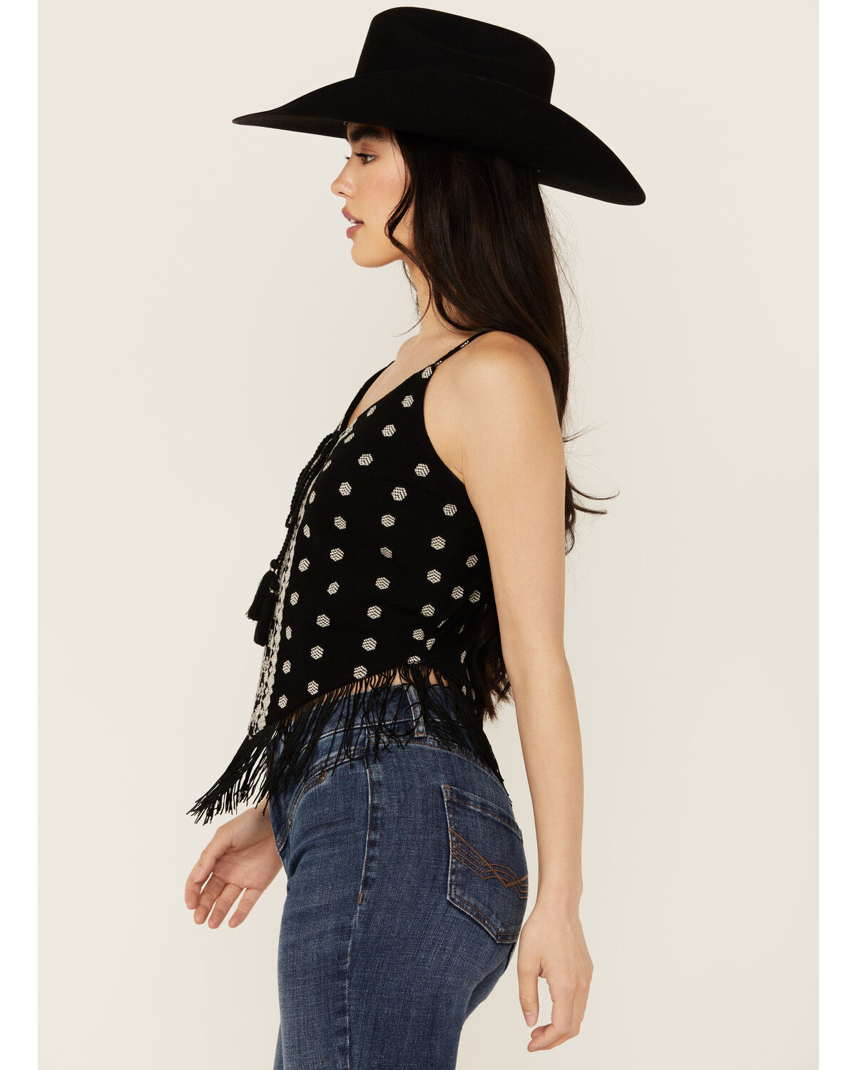 Image #2 - Idyllwind Women's Sunnett Embroidered Fringe Hanky Hem Tank, Black, hi-res