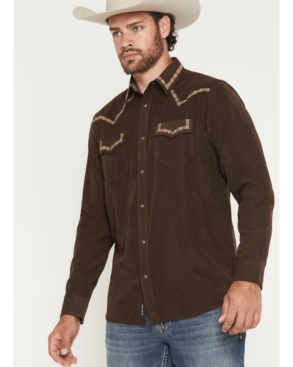 Moonshine Spirit&reg; Men's Front Stage Embroidered Solid Long Sleeve Snap Western Shirt, Dark Brown, hi-res
