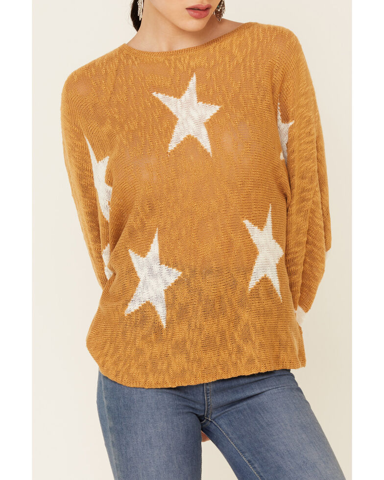 Wishlist Women's Mustard Star Print Pullover Sweater , Dark Yellow, hi-res