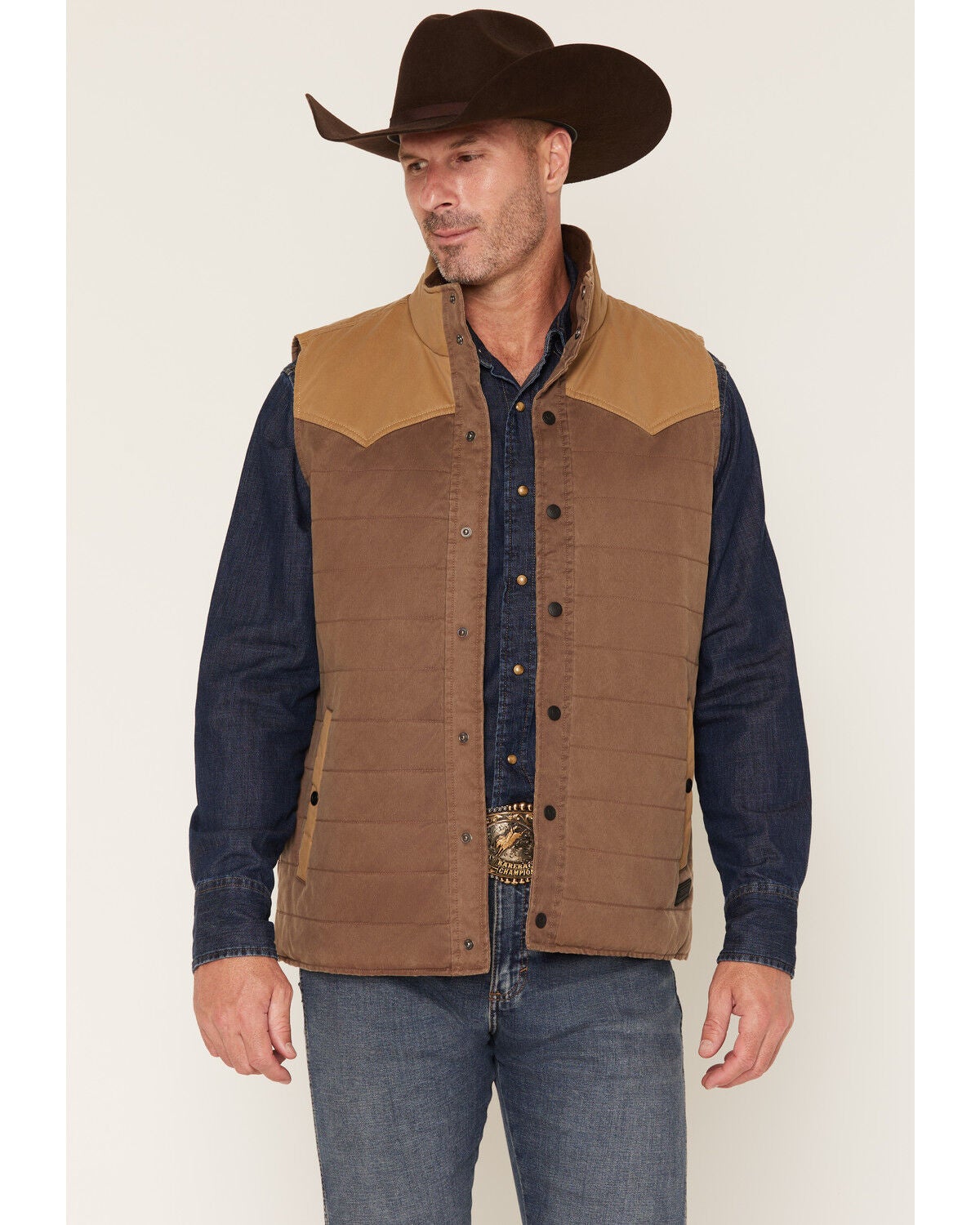 Rock & Roll Denim Men's Quilted Solid Waxed Canvas Vest, Khaki, hi-res