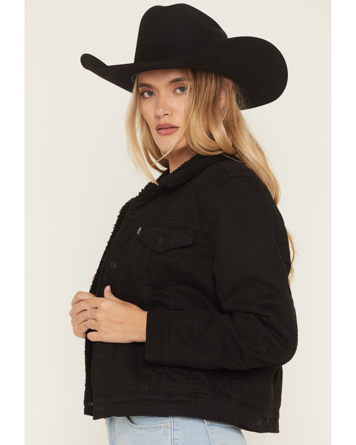 Image #2 - Levi's Women's Original Sherpa Lined Snap Trucker Denim Jacket, Black, hi-res