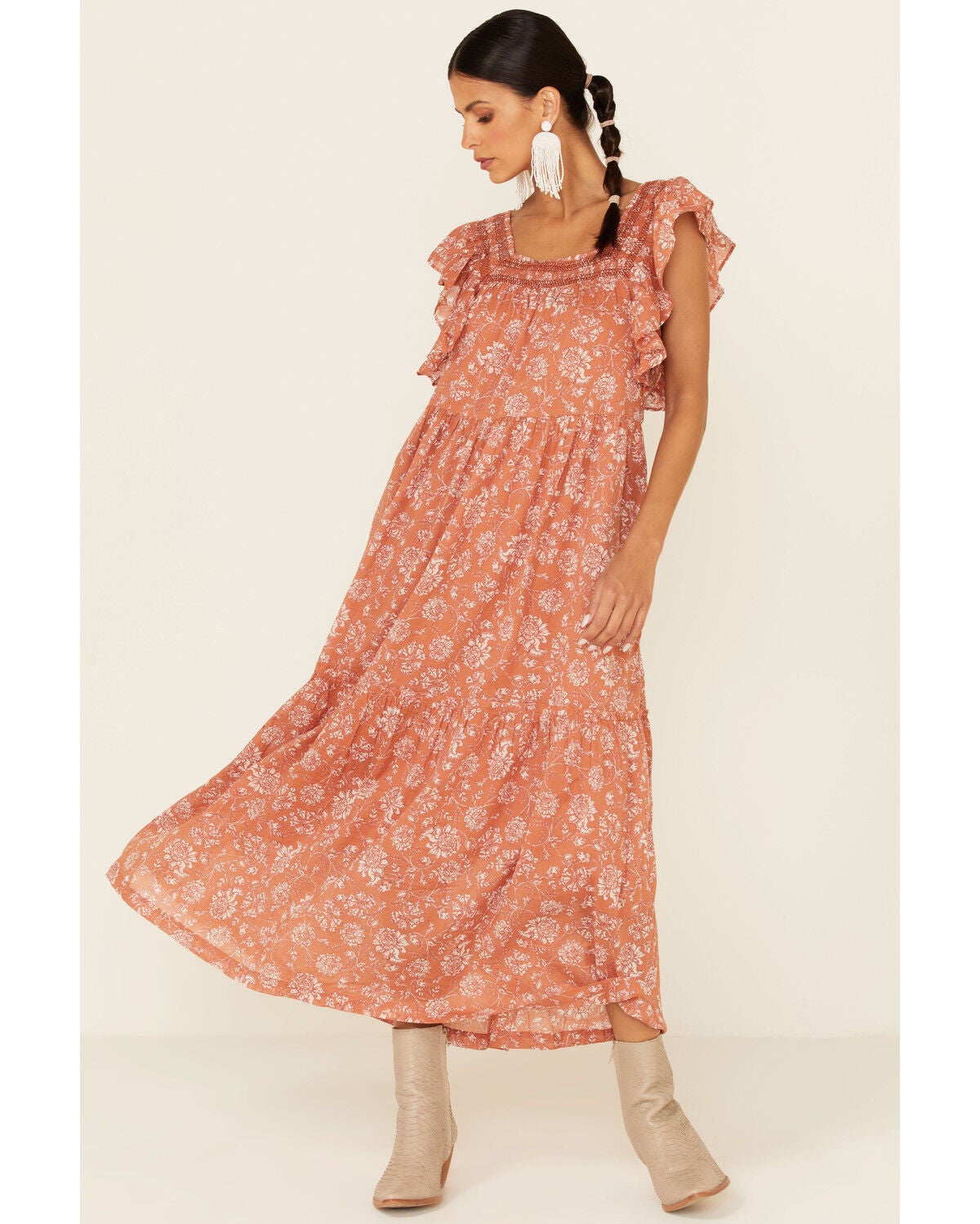 Free People Women's Bonita Floral Print Flutter Sleeve Midi Dress, Rust Copper, hi-res