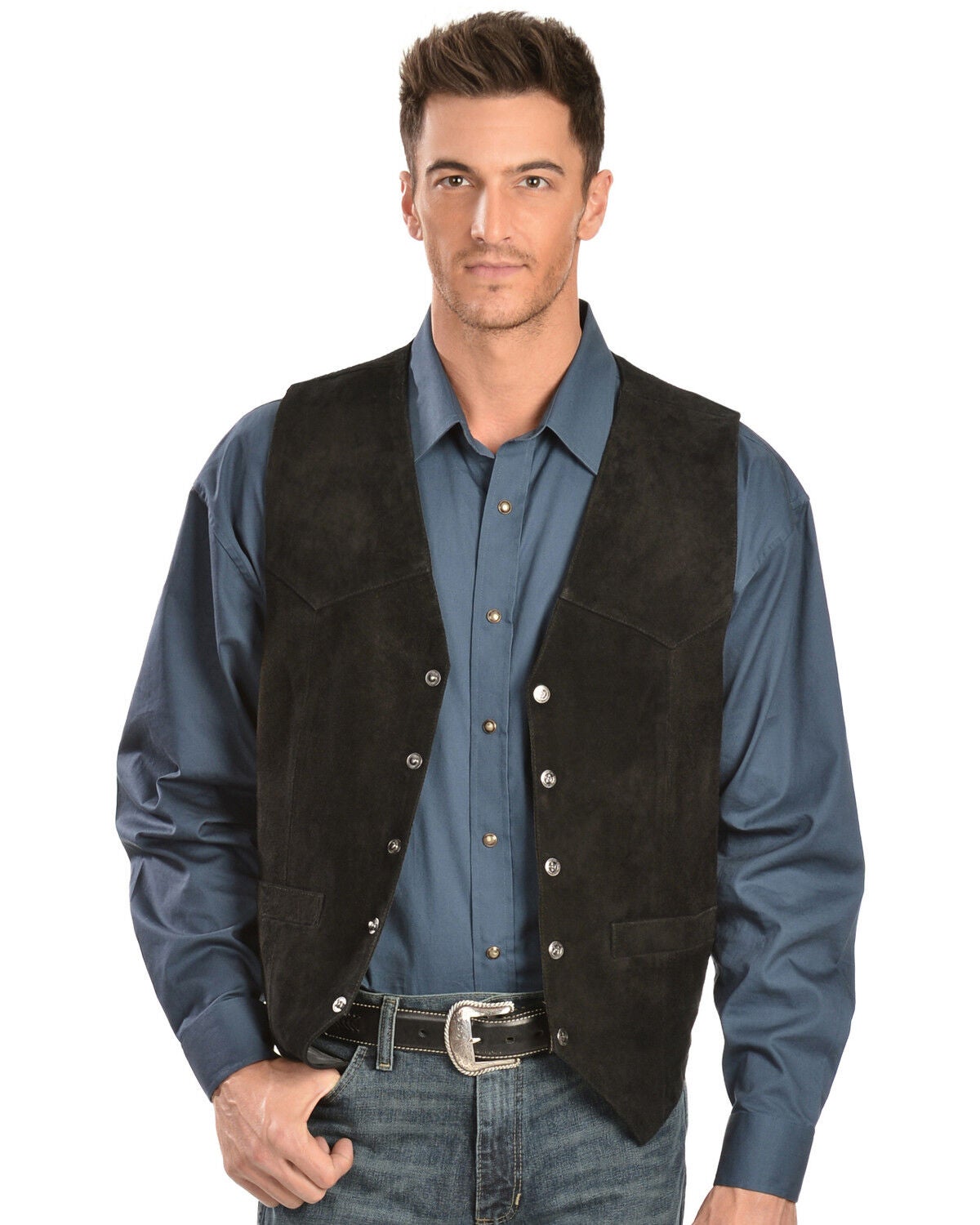 Scully Men's Calfskin Suede Snap Front Vest, Black, hi-res