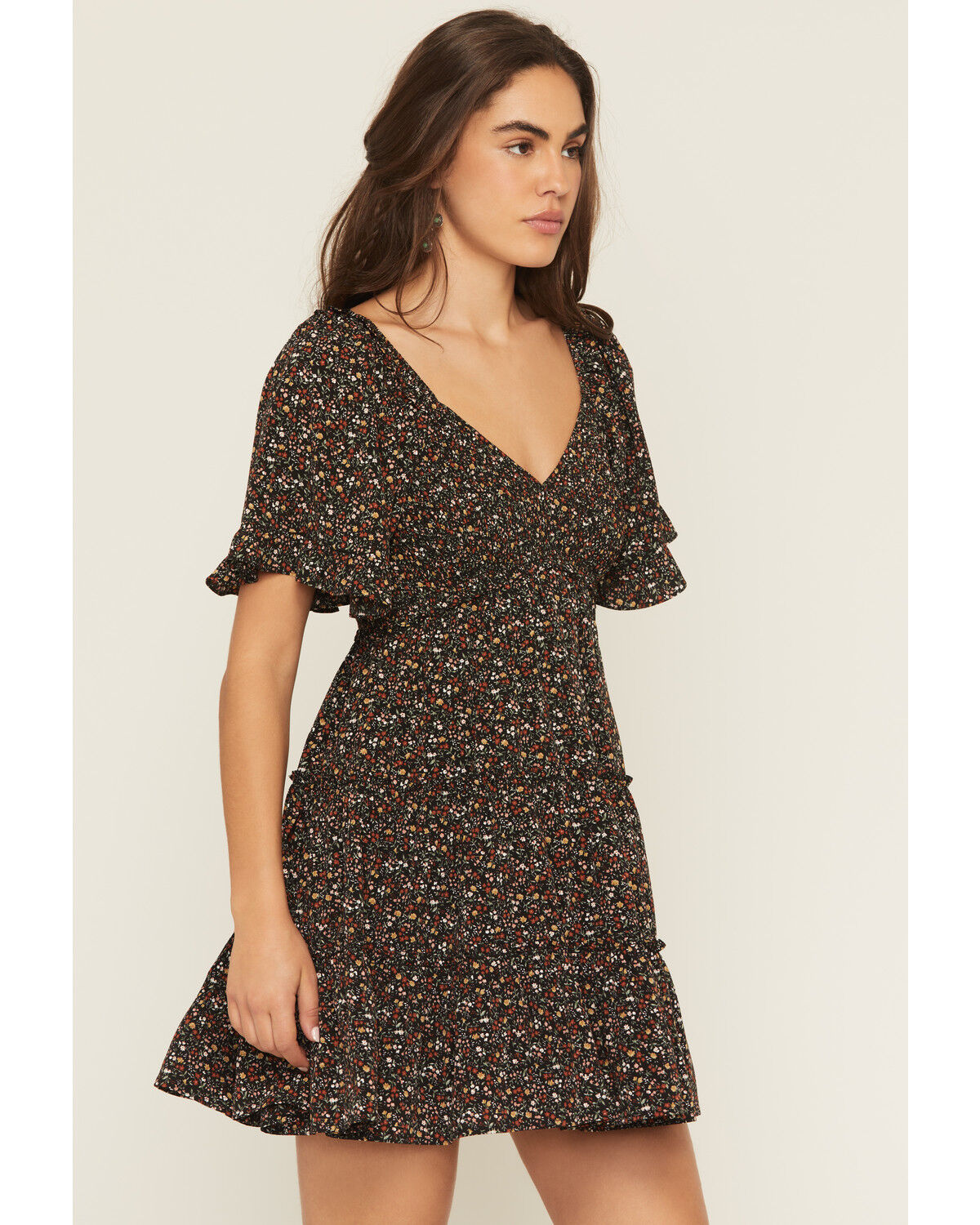 Image #2 - Yura Women's Floral Print Short Sleeve Smocked Mini Dress, Black, hi-res