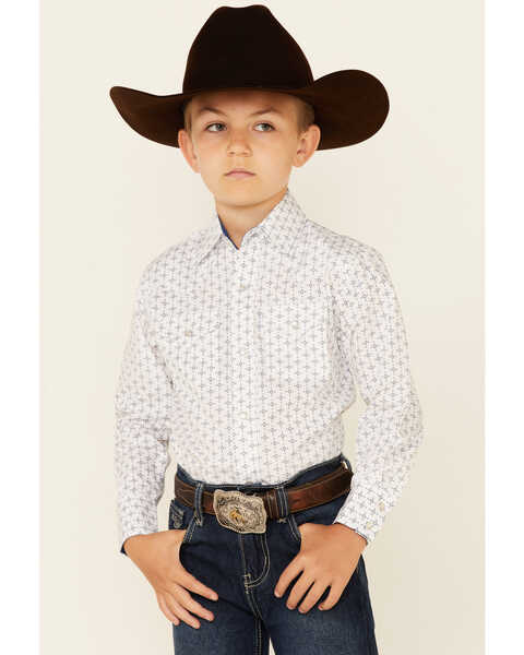 Ely Walker Boys' Assorted Southwestern Geo Print Long Sleeve Pearl Snap Western Shirt , White, hi-res