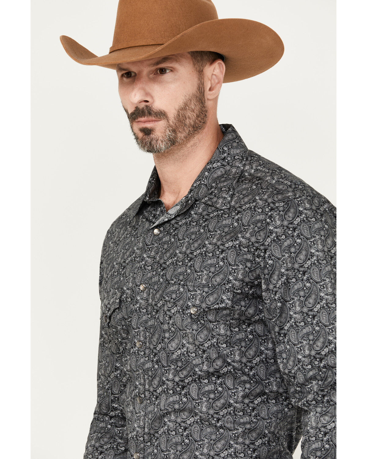 Image #2 - Rock & Roll Denim Men's Paisley Print Long Sleeve Stretch Pearl Snap Western Shirt, Charcoal, hi-res