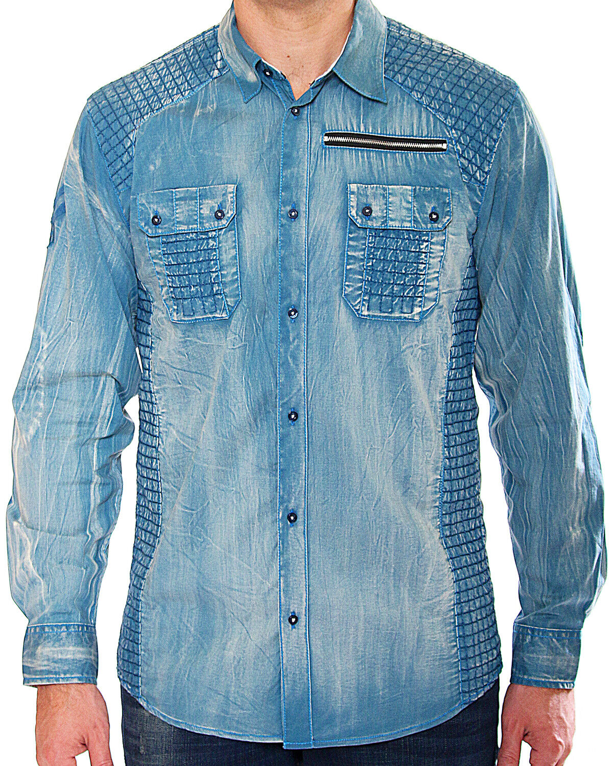 Image #1 - Austin Season Men's Criss-Cross Pattern Long Sleeve Western Shirt, Blue, hi-res
