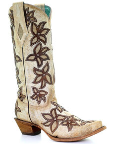 Corral Women's Bone Overlay Western Boots - Snip Toe, White, hi-res