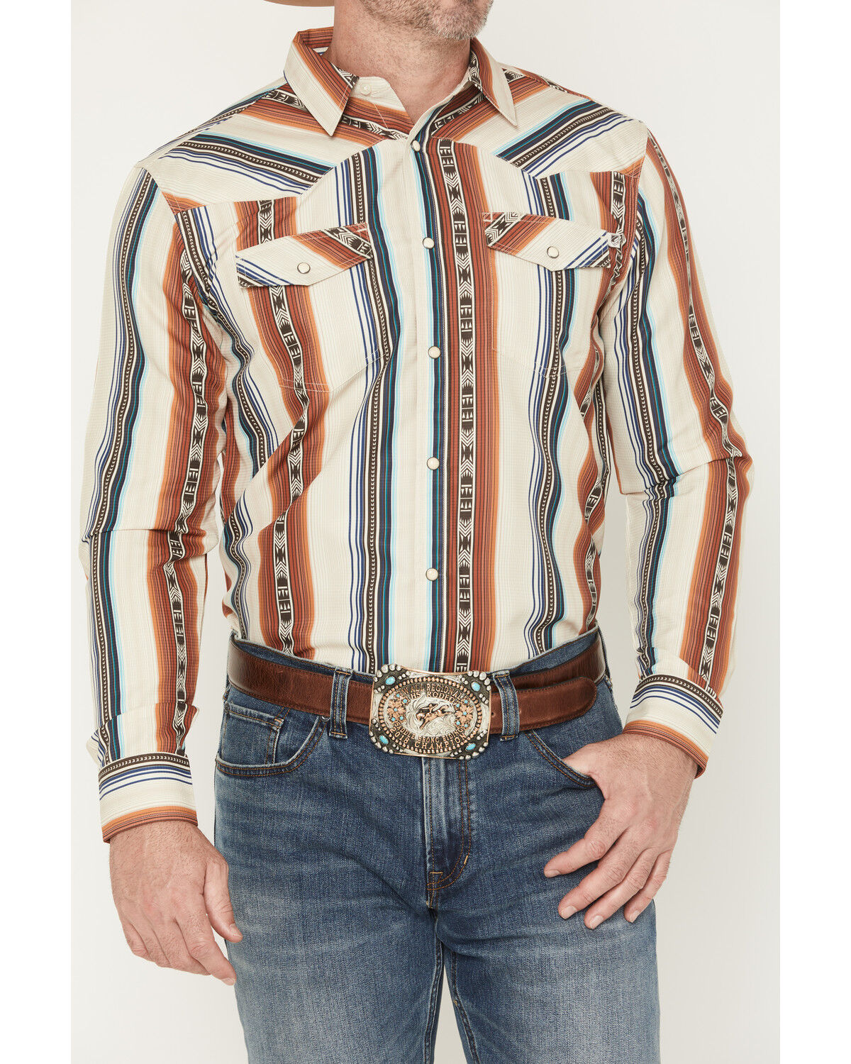 Image #3 - RANK 45® Men's Range Rider Striped Long Sleeve Snap Performance Western Shirt, Ivory, hi-res