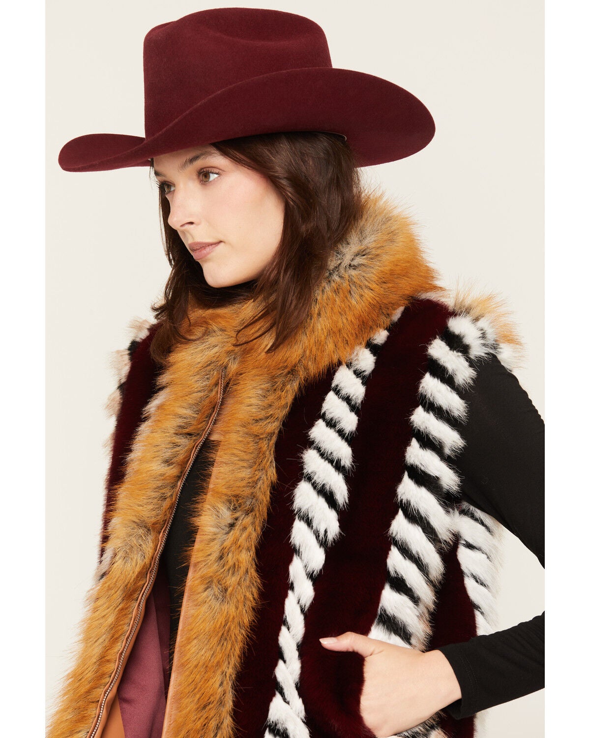 Image #2 - Azalea Wang Women's Striped Faux Fur Zip-Up Vest, Burgundy, hi-res