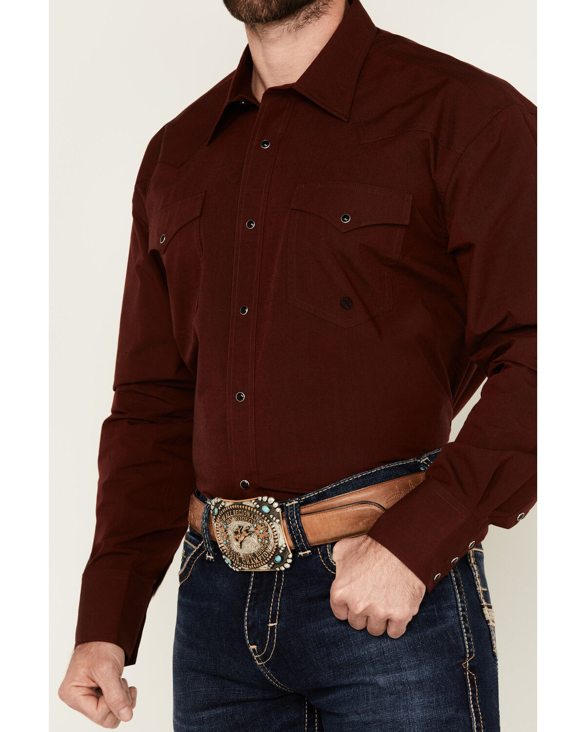 Image #3 - Roper Men's Amarillo Solid Long Sleeve Snap Western Shirt, Burgundy, hi-res