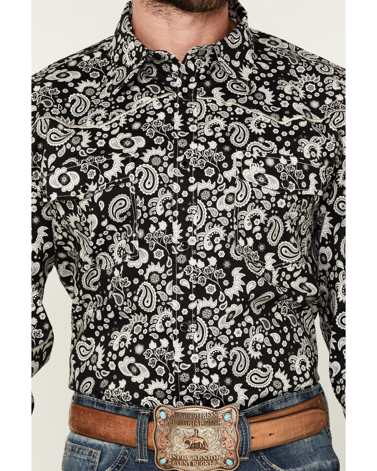 Image #3 - Cowboy Hardware Men's Paisley Print Long Sleeve Snap Western Shirt, Black, hi-res