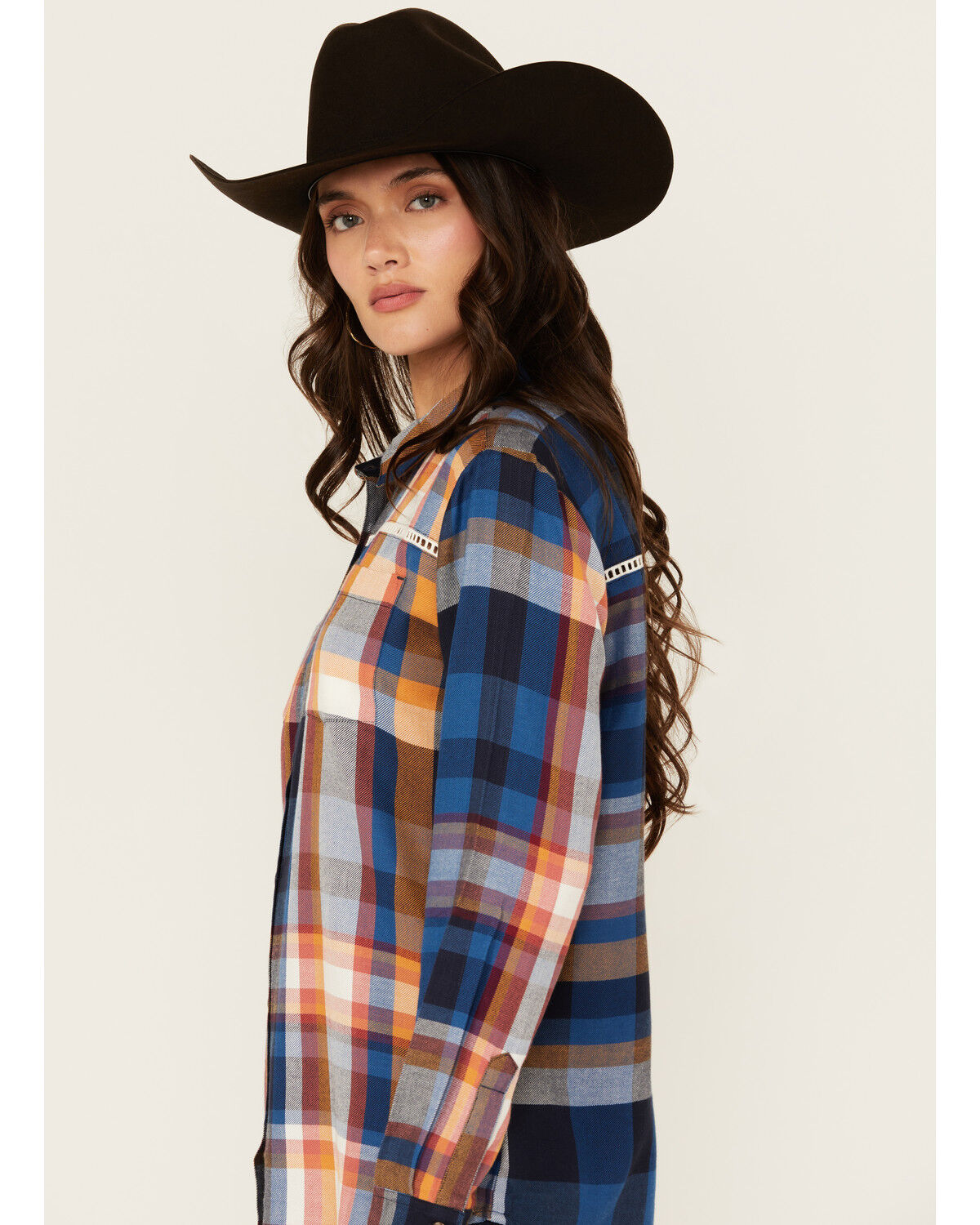 Image #2 - Shyanne Women's Plaid Print Ladder Lace Trim Long Sleeve Button-Down Flannel Shirt, Navy, hi-res