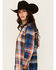 Image #2 - Shyanne Women's Plaid Print Ladder Lace Trim Long Sleeve Button-Down Flannel Shirt, Navy, hi-res
