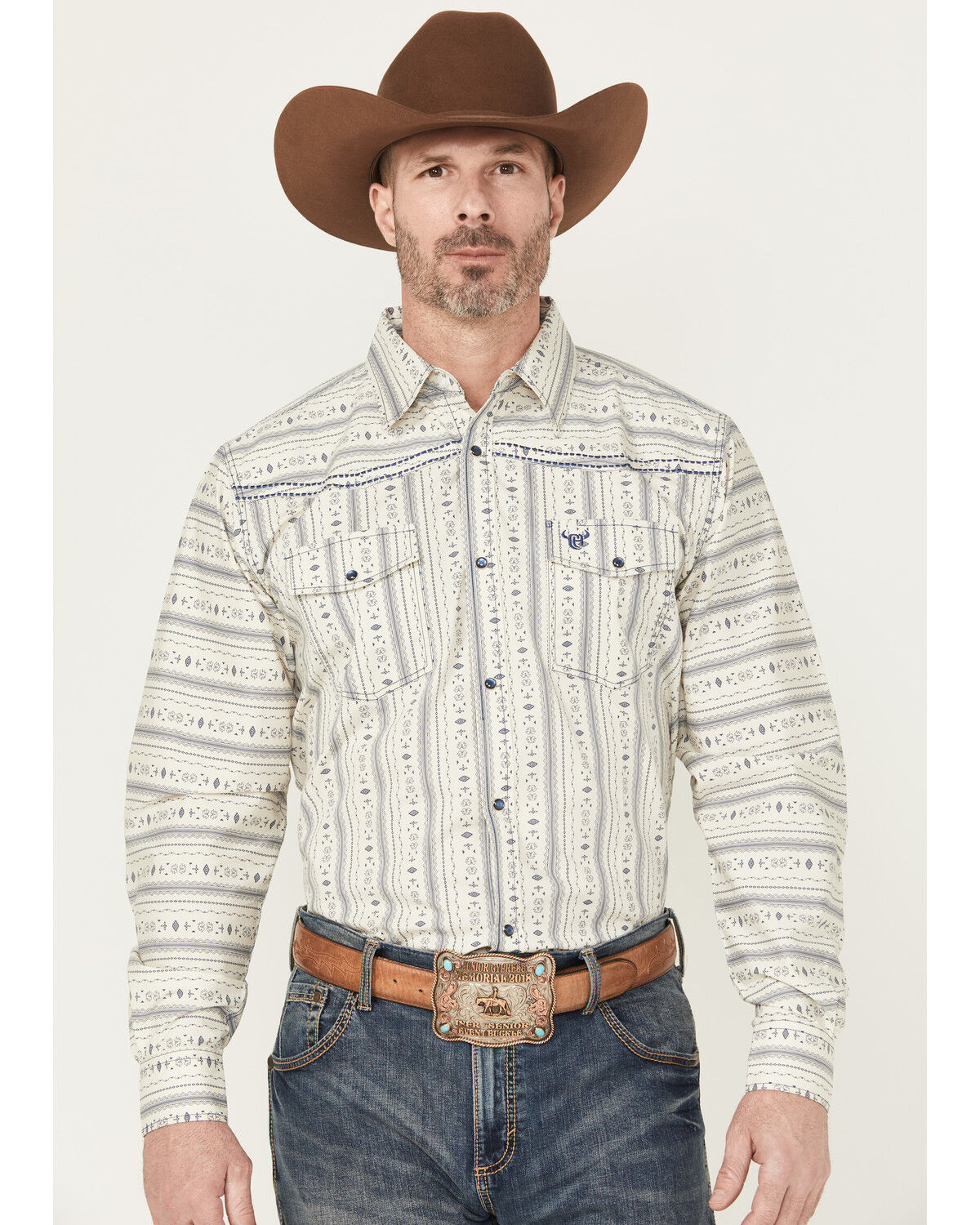 Image #1 - Cowboy Hardware Men's Southwestern Striped Print Long Sleeve Snap Stretch Western Shirt, Cream, hi-res