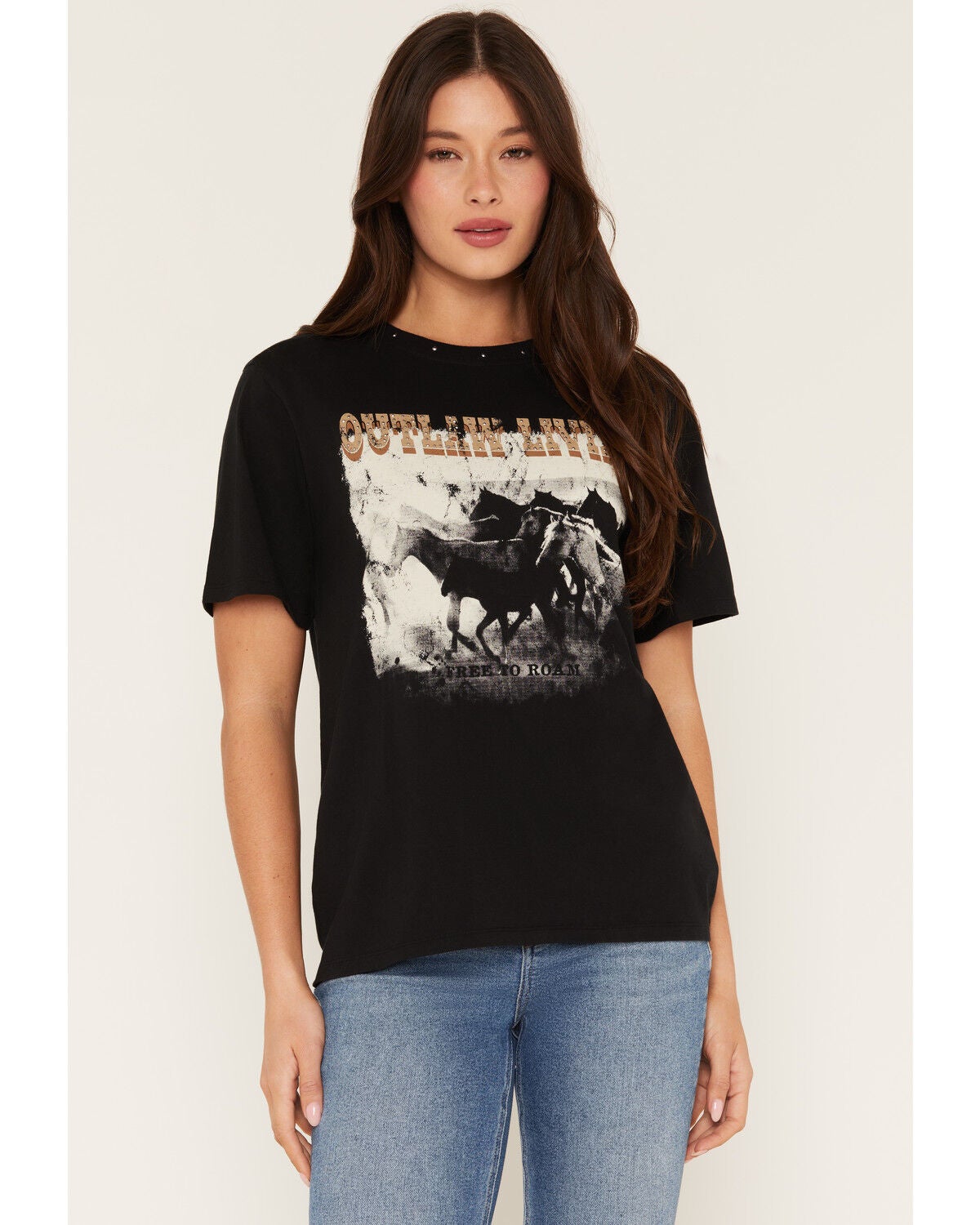 Image #1 - Idyllwind Women's Outlaw Living Short Sleeve Graphic Tee, Black, hi-res
