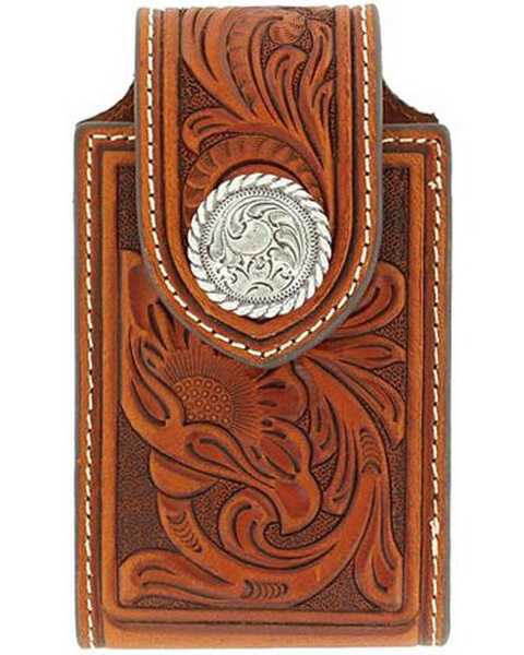 Nocona Tooled Leather Electronics Case, Brown, hi-res