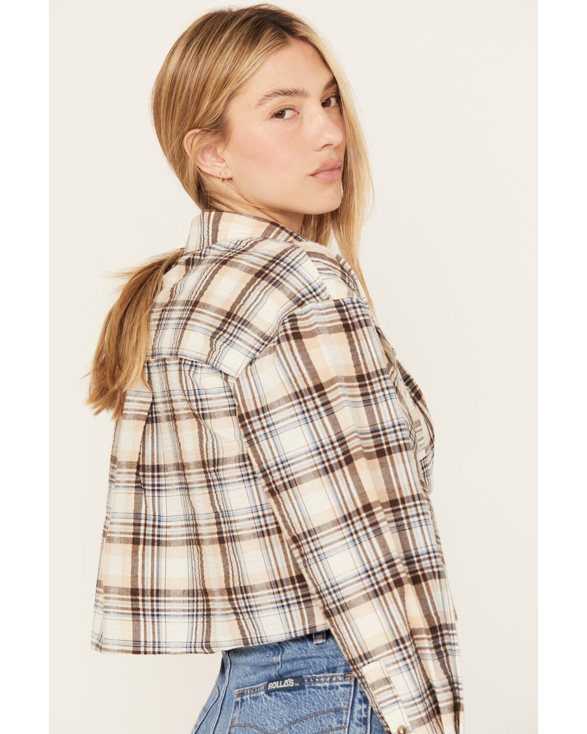 Image #4 - Cleo + Wolf Women's Plaid Print Cropped Shirt, Cream, hi-res