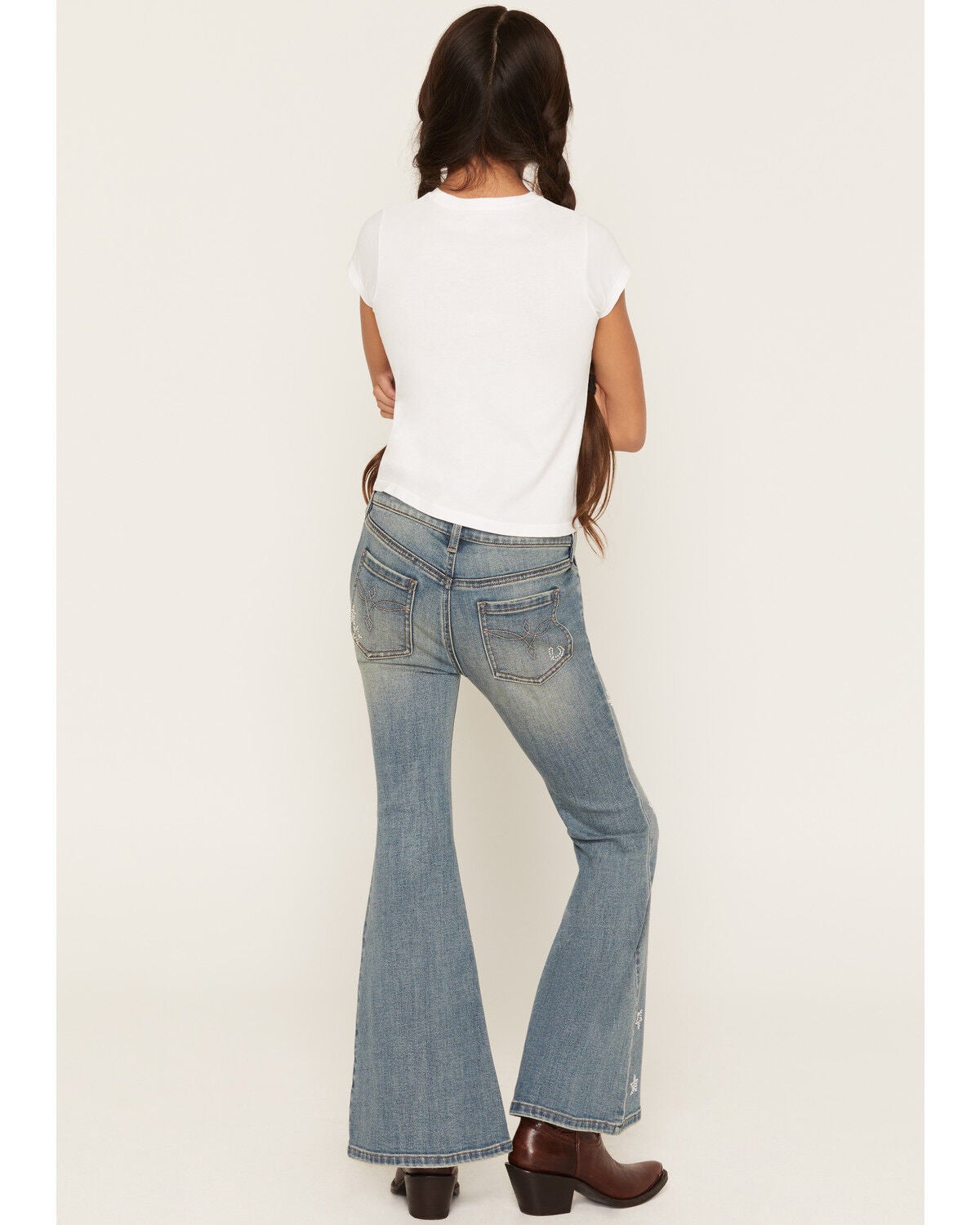 Image #3 - Shyanne Girls' Amber Dark Wash Rhinestone Embellished Lacey Flare Stretch Denim Jeans, Dark Wash, hi-res